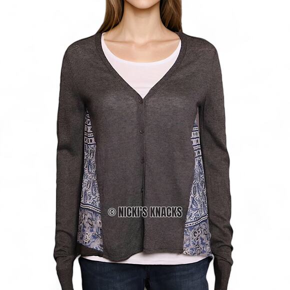 Subtle Luxury Cashmere Silk Cardigan Gray Button Front Boho Print Back Size XS/S - Picture 10 of 11